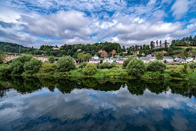 Reflection of trees in lake against sky in city