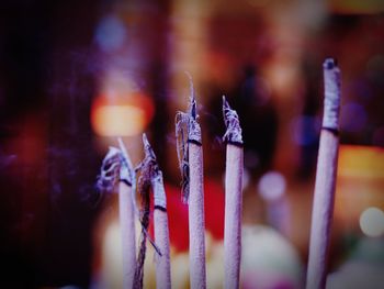 Close-up of burning candles in temple