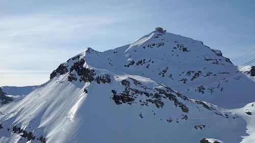 Aerial view of snowcapped mountain against sky