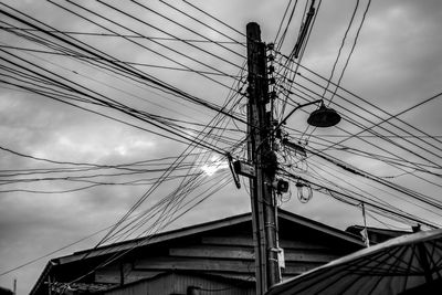 Low angle view of electricity pylon against sky