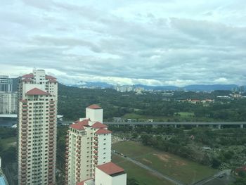 High angle view of buildings against sky