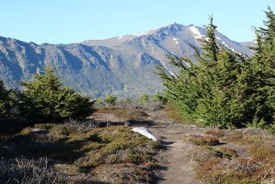 Scenic view of mountains against clear sky