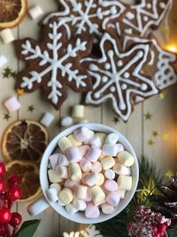 High angle view of christmas decorations on table