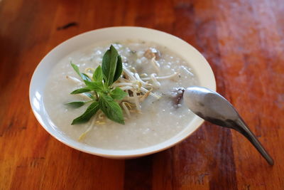 Close-up of soup in bowl on table