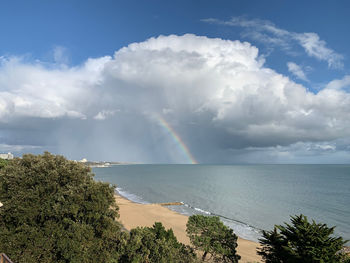 Scenic view of rainbow over sea against sky