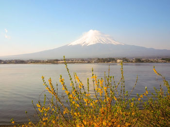 Scenic view of lake against cloudy sky