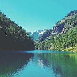 Scenic view of lake with mountains in background