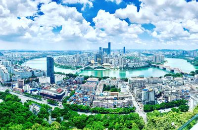 High angle view of buildings against sky