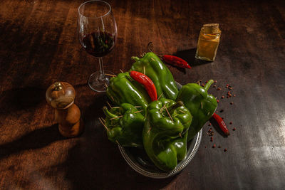 High angle view of chili peppers on table