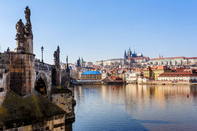 View of buildings in city against clear sky