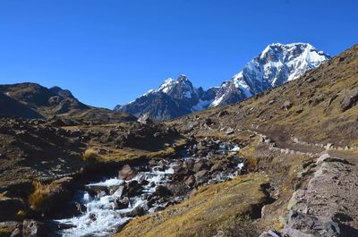 Scenic view of snowcapped mountains against clear blue sky