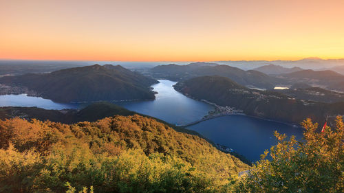 Scenic view of mountains against sky during sunset