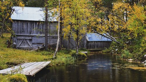 House amidst trees by lake in forest