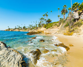 Scenic view of sea against clear blue sky