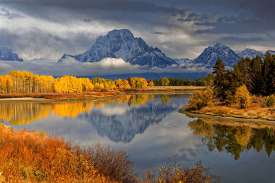 Scenic view of lake by mountains against sky during autumn