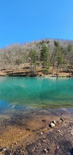 Scenic view of lake against clear blue sky