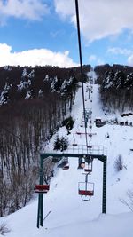 Snow covered land and mountains against sky