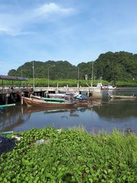 Boats moored in water against sky