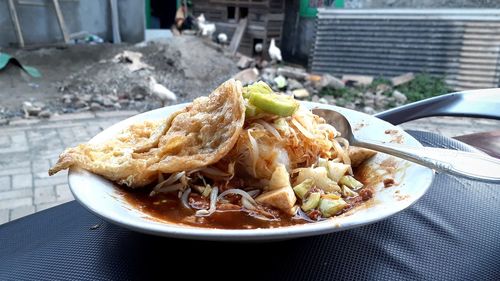 Close-up of meal served on table