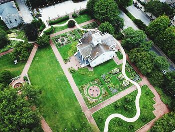 High angle view of trees and plants on field