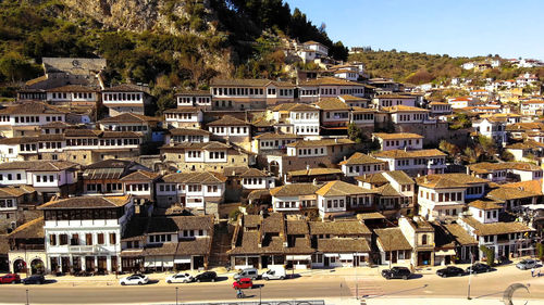 High angle view of buildings in town