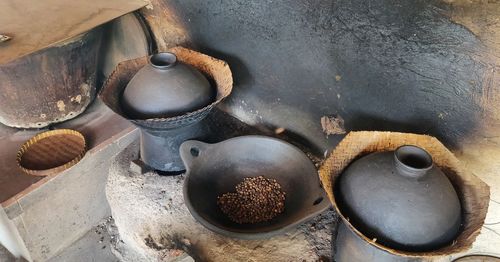 High angle view of rusty metal in container