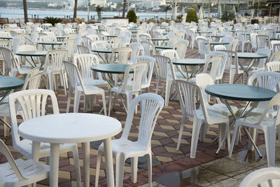 Empty chairs and tables in restaurant