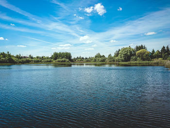 Scenic view of lake against blue sky