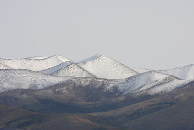 Scenic view of snowcapped mountains against clear sky