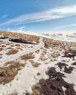 Scenic view of land against sky during winter