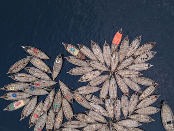 Aerial view of wooden passenger boats along the buriganga river, keraniganj, dhaka, bangladesh