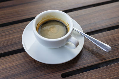 High angle view of coffee cup on table