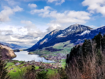 Scenic view of lake and mountains against sky