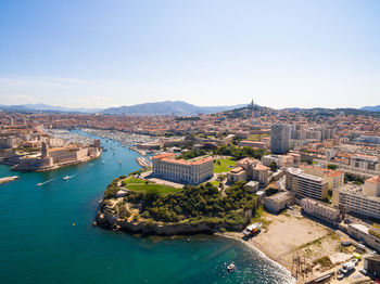 High angle view of buildings in city