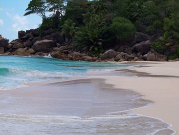 Scenic view of rocks by sea against sky