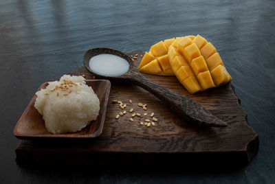 High angle view of breakfast on table