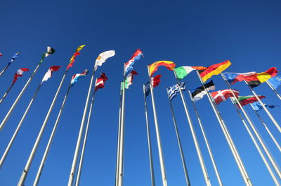 Low angle view of flags against clear blue sky