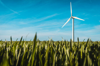 Wind turbine on a field in germany on a sunny day.