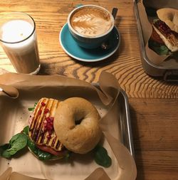 High angle view of food and drink on table