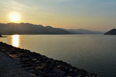 Scenic view of lake against sky during sunset