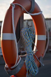 Close-up of rope tied at inflatable ring