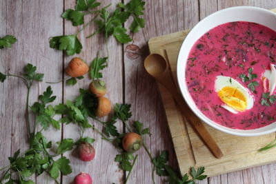 High angle view of chopped vegetables on table