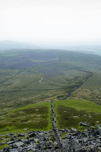 High angle view of grassy fields