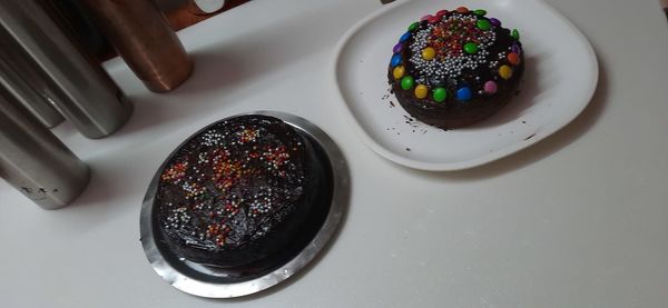 High angle view of cake in plate on table