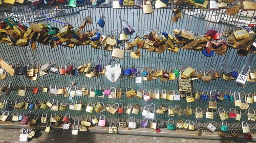 High angle view of decorations hanging at market