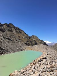 Scenic view of lake and mountains against clear blue sky