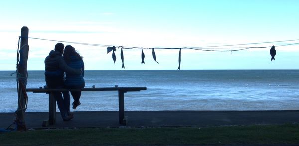 Rear view of silhouette man fishing on sea against clear sky