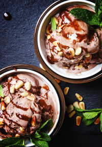 High angle view of dessert in bowl on table