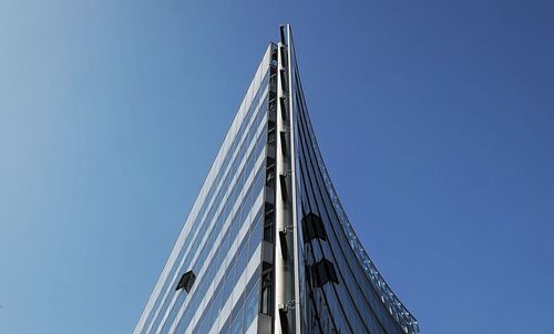 Low angle view of built structure against clear blue sky
