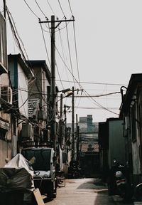 Electricity pylon in city against clear sky